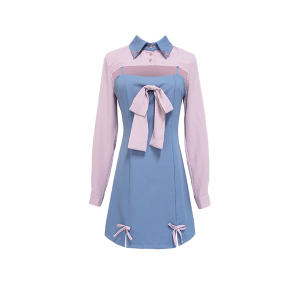 Bow Stitching Split Fake Two-Piece Dress AD210075