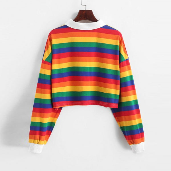 Rainbow Patchwork Button Turndown Sweatshirt AD11412