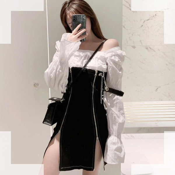 Side Zipper Braces Skirt + Blouse Set AD11556