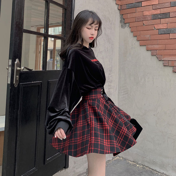 Black-Red Gothic High Waist Laced Plaid Skirt AD10487
