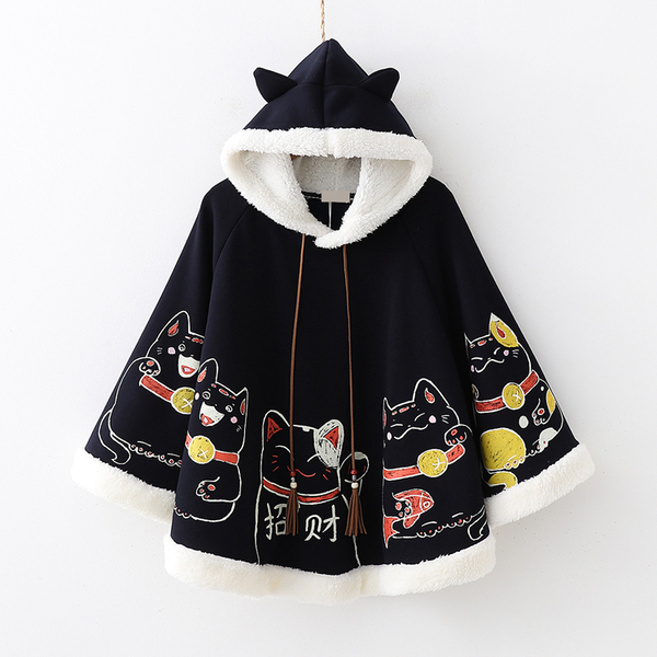 Cute Neko Cat Printing Thick Hoodie Cloak Coat AD10508