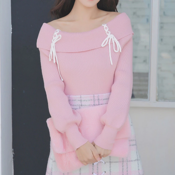 Cross Strings Pink Shoulder-less Sweater AD11993