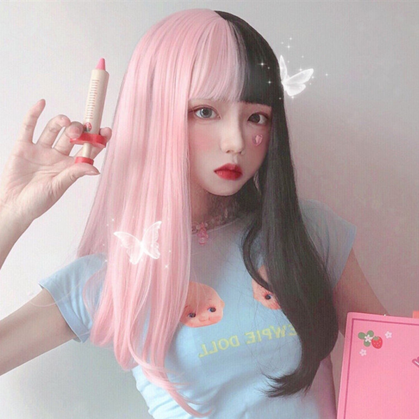 Lolita Half Black Half Pink Curly Wig AD10986