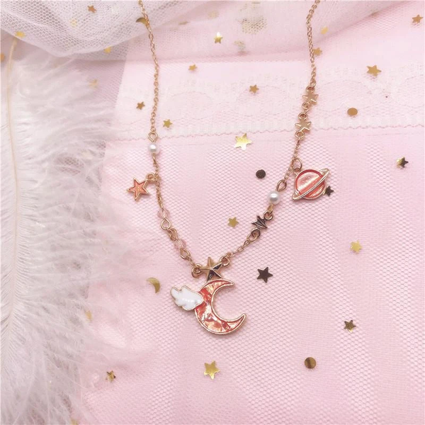 Blue/Pink Space Moon Necklace AD11465