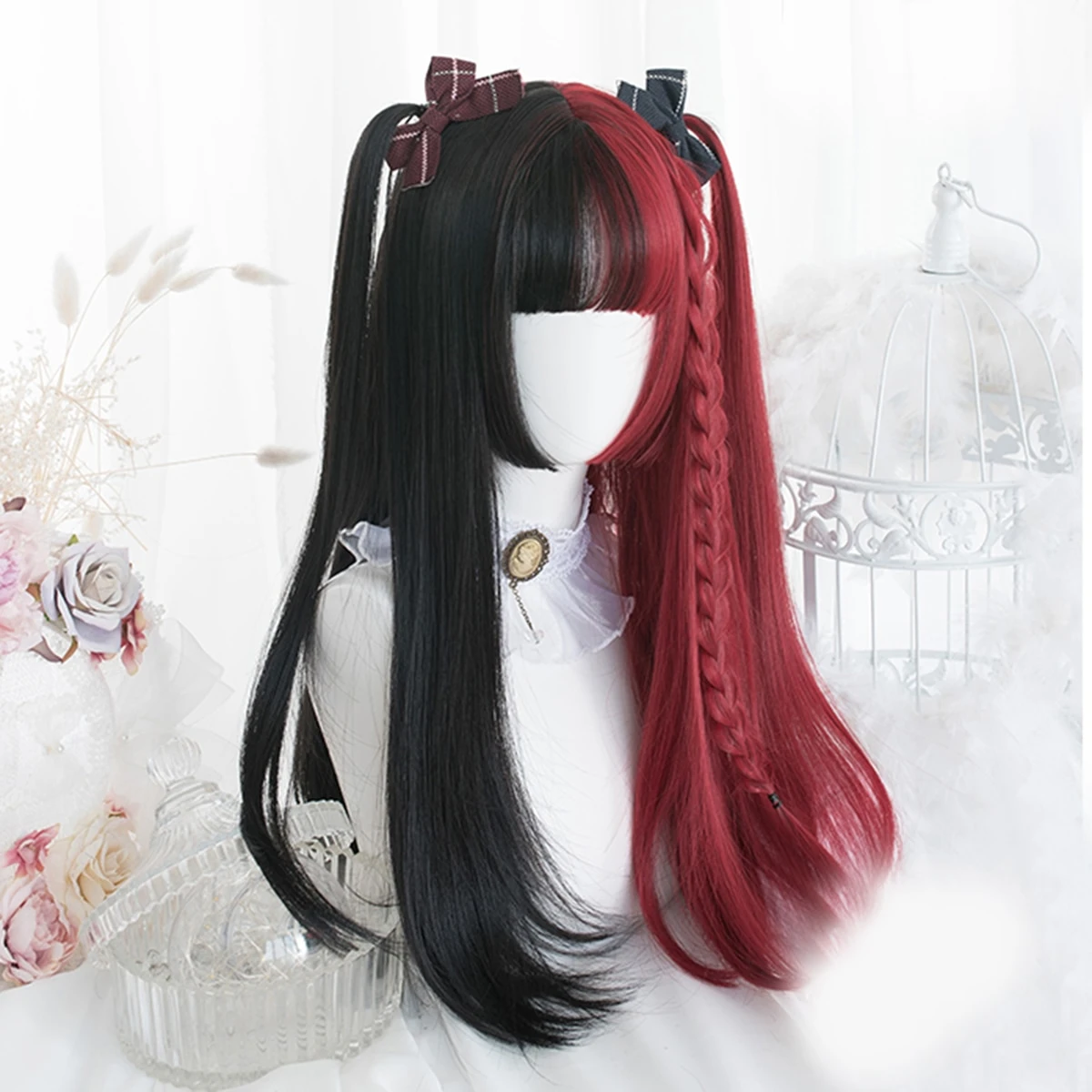 Lolita Black Half Red Curly Wig AD10928