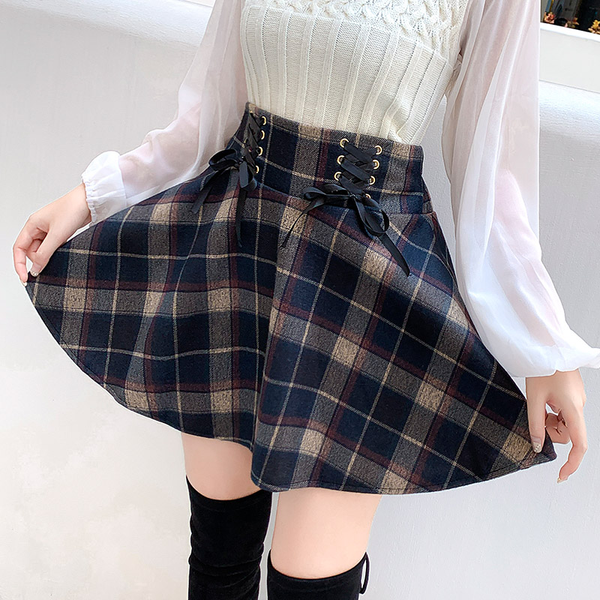 Red/Blue Retro Woolen Plaid Lace-up Skirt AD10545