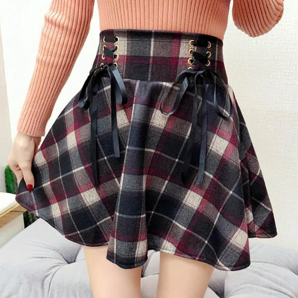 Red/Blue Retro Woolen Plaid Lace-up Skirt AD10545