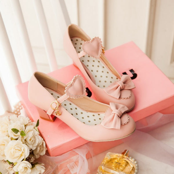 Japanese Peach Heart Bowknot Lolita Shoes AD10552