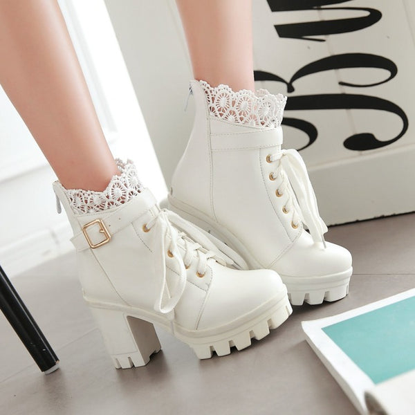 Black/White Lace PU Heels Boots AD10054