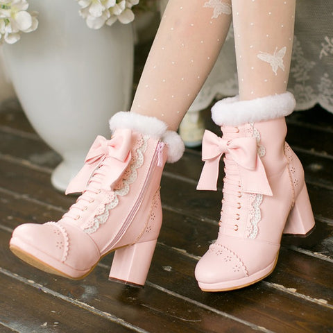 Japanese Lolita Bowknot Heels Boots AD10498