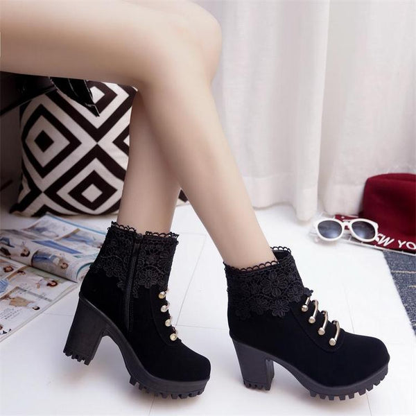 Black/Brown Lace Heels Martin Boots AD0163