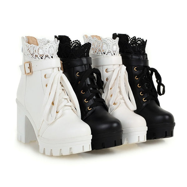 Black/White Lace PU Heels Boots AD10054