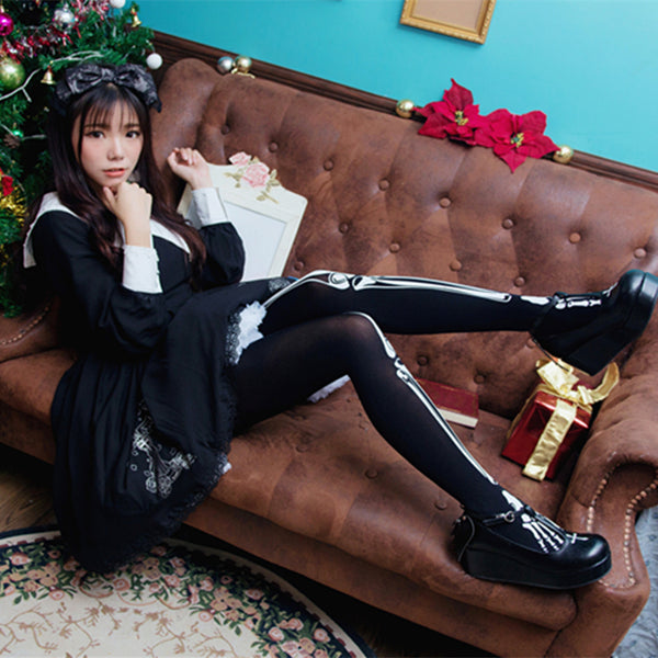 Harajuku Hallowmas Skeleton Bone Lolita Pantyhose AD10395