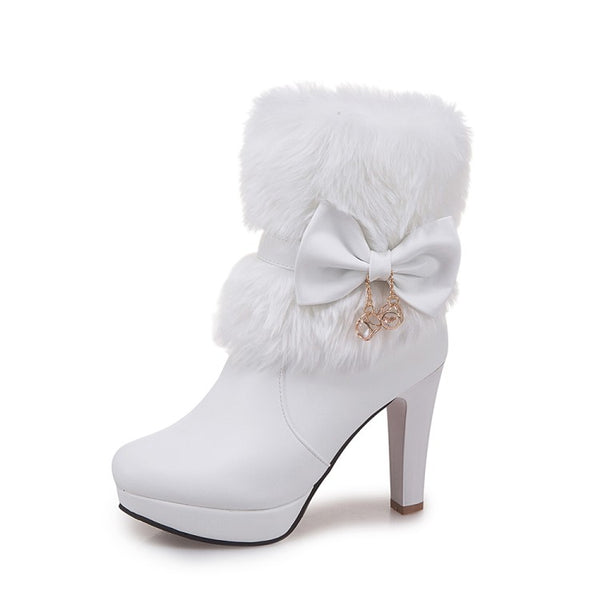 Sweet Bowknot Fuzzy Heels Boots AD11544