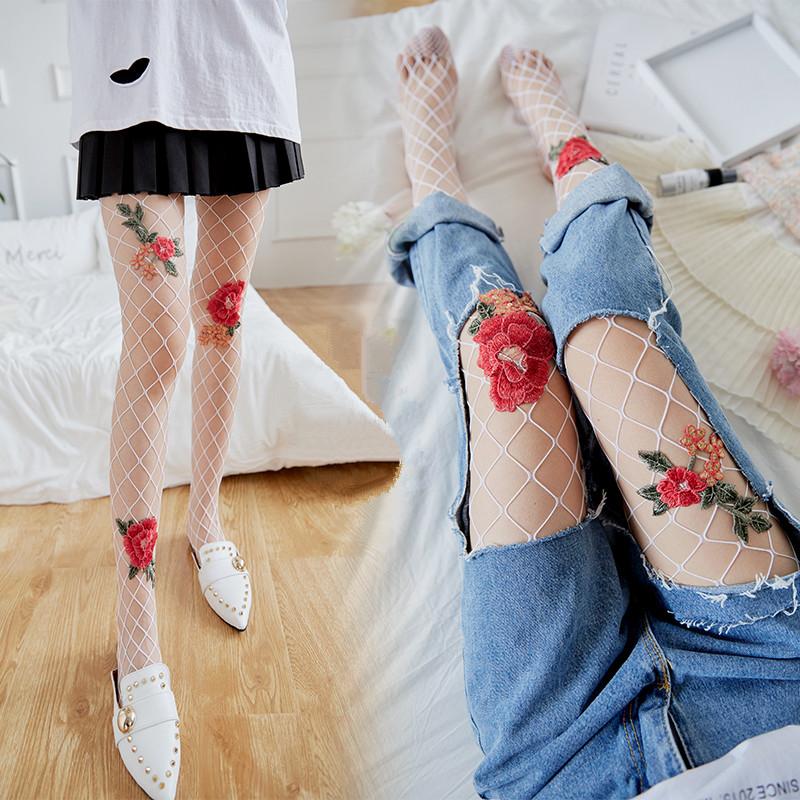 White Lace Flower Fishnet Pantyhose AD10025 โ Andester