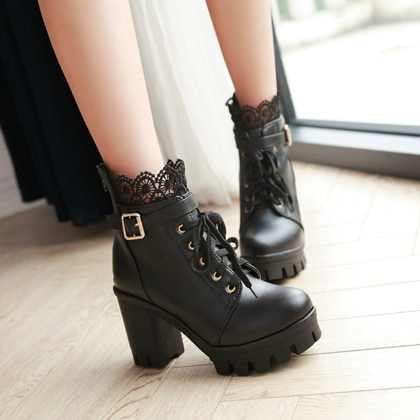 Black/White Lace PU Heels Boots AD10054