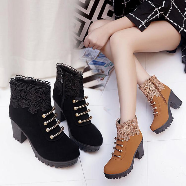 Black/Brown Lace Heels Martin Boots AD0163