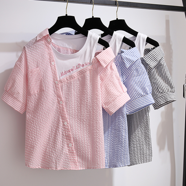 Striped Off Shoulder Shirt + Shorts Suit AD11599