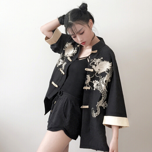 Black/White Dragon Embroidery Coat AD10117