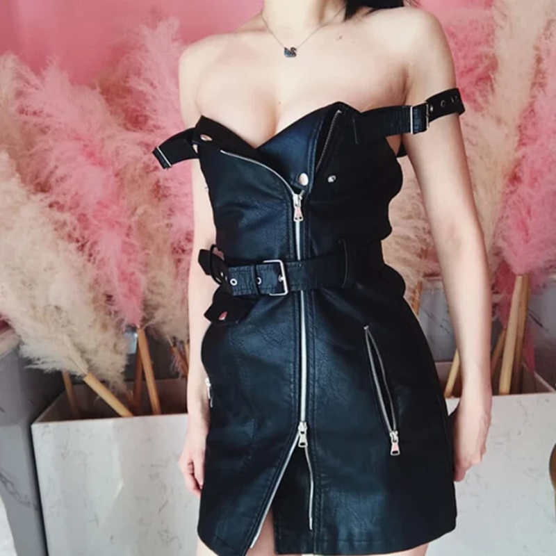 Sexy Sash Zipper Leather Dress AD11126