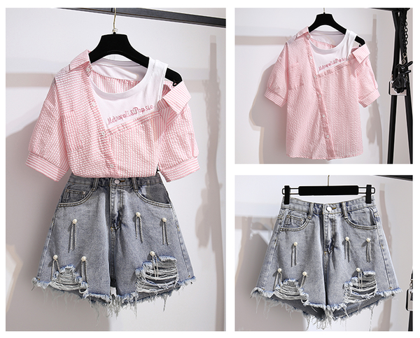 Striped Off Shoulder Shirt + Shorts Suit AD11599