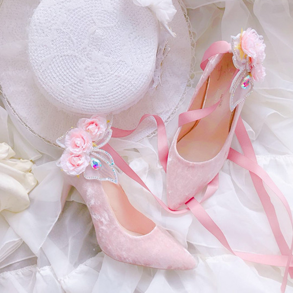 Butterfly Flower Velvet High Heel Wedding Shoes AD11430