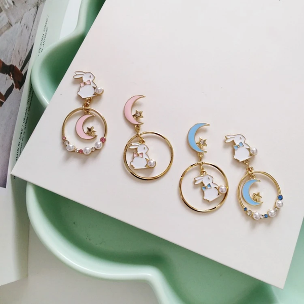 Cute Moon And Rabbit Pearl Beads Earrings Ear Clip AD11901