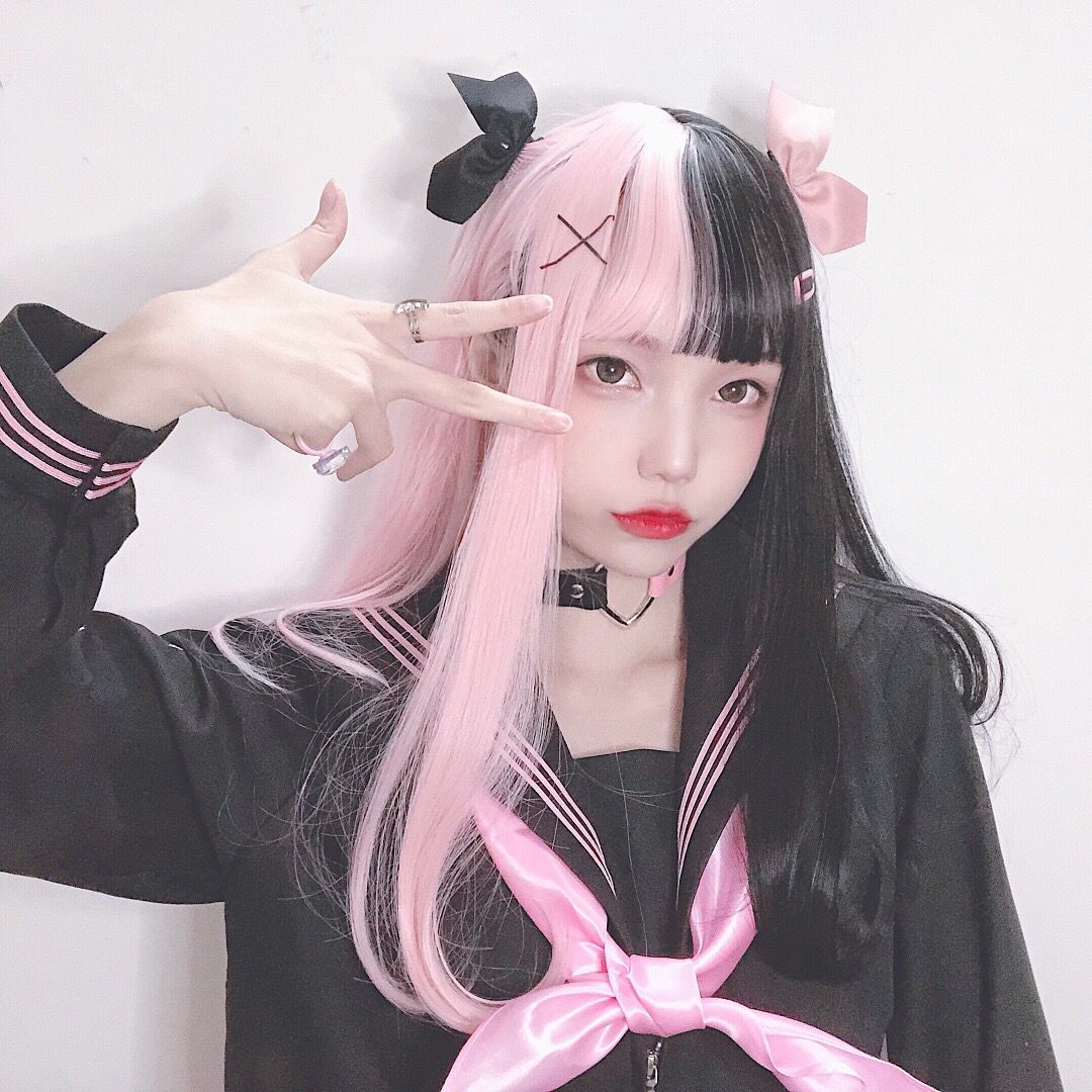 Lolita Half Black Half Pink Curly Wig AD10986