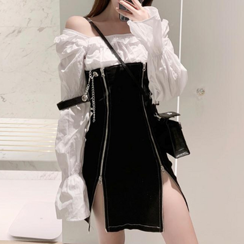 Side Zipper Braces Skirt + Blouse Set AD11556