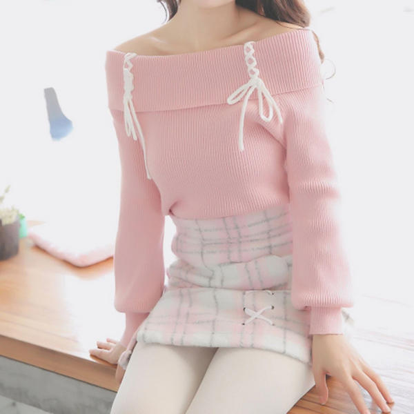 Cross Strings Pink Shoulder-less Sweater AD11993