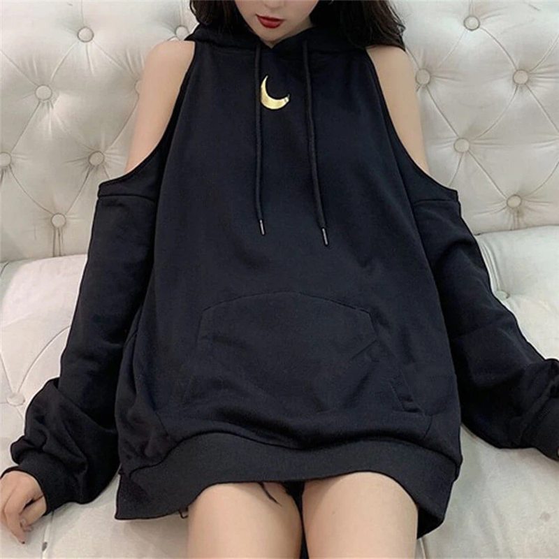 Moon Off Shoulder Loose Hoodie AD11296